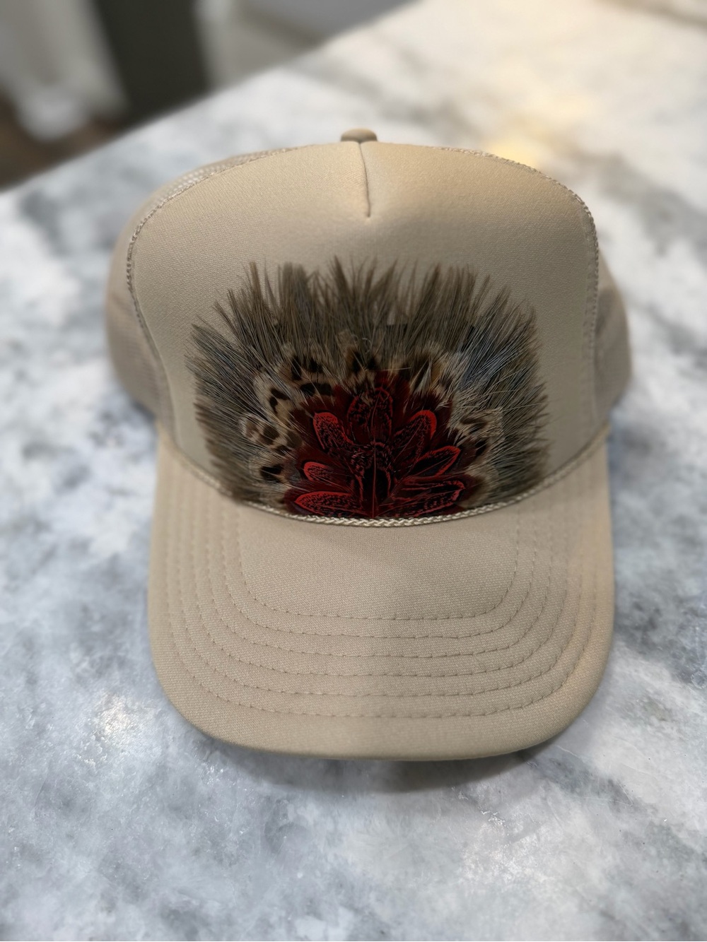 OTTO Beige Cap with Feather & Red Floral Detail
